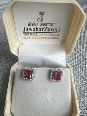 Elegant Red Stone Stud Earrings - silver